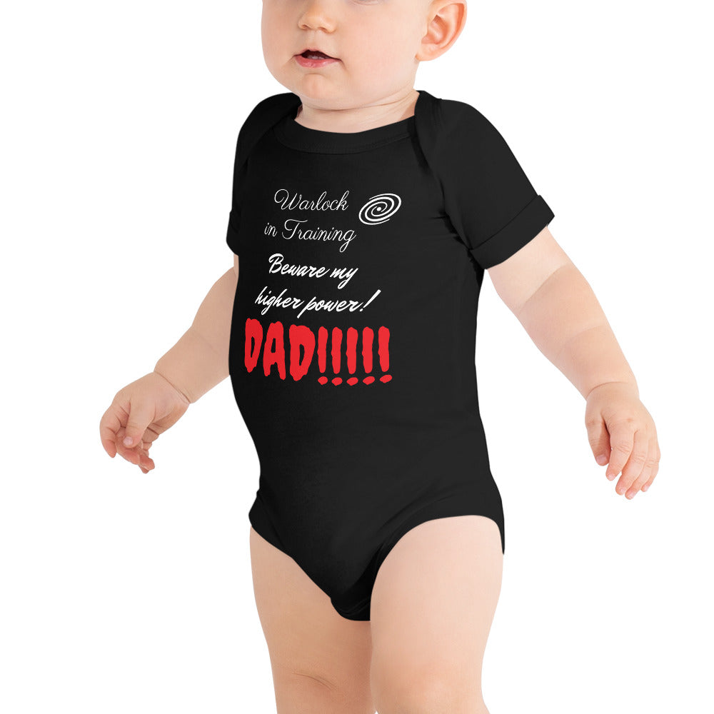 Warlock baby onesie with pact-themed humor, perfect gift for geeky moms and dads.