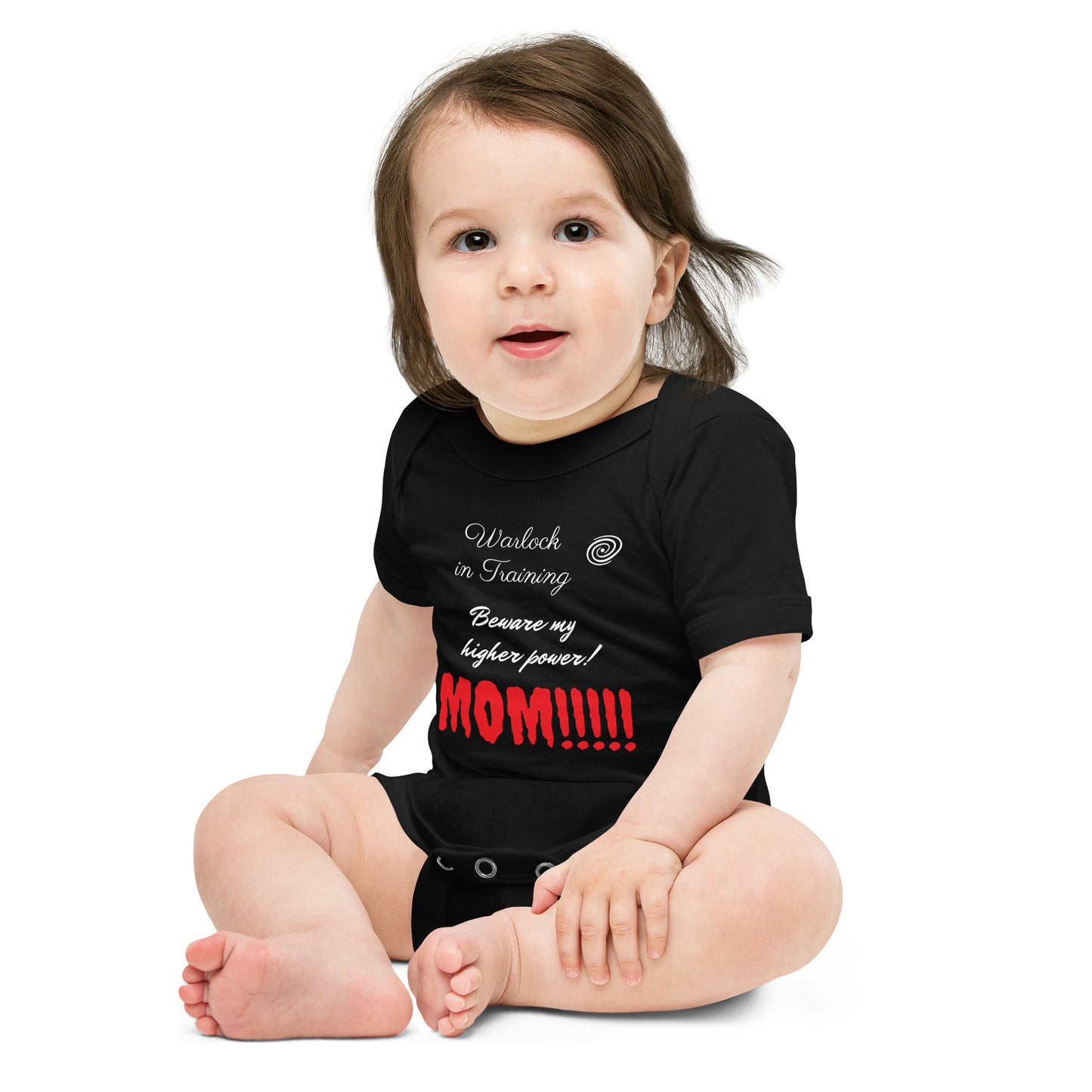 Baby onesie with funny 'Warlock in Training' quote, perfect for geeky parents and little spellcasters.
