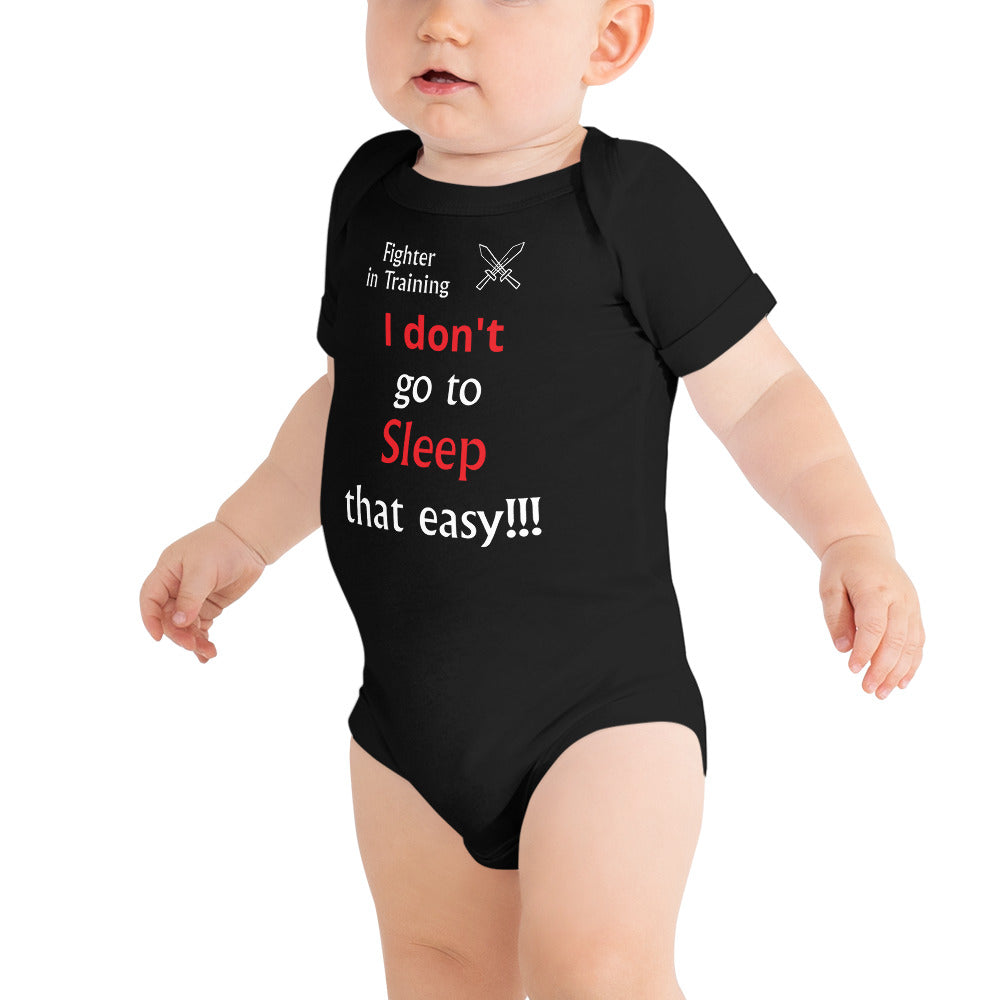 D&D fighter baby onesie with a bold class quote, ideal for future adventurers.