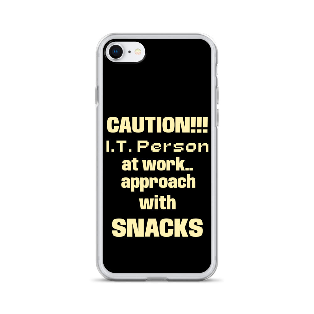 iPhone case with 'I.T. Snacks' D&D-style scrolls humor for tech enthusiasts and gamers.