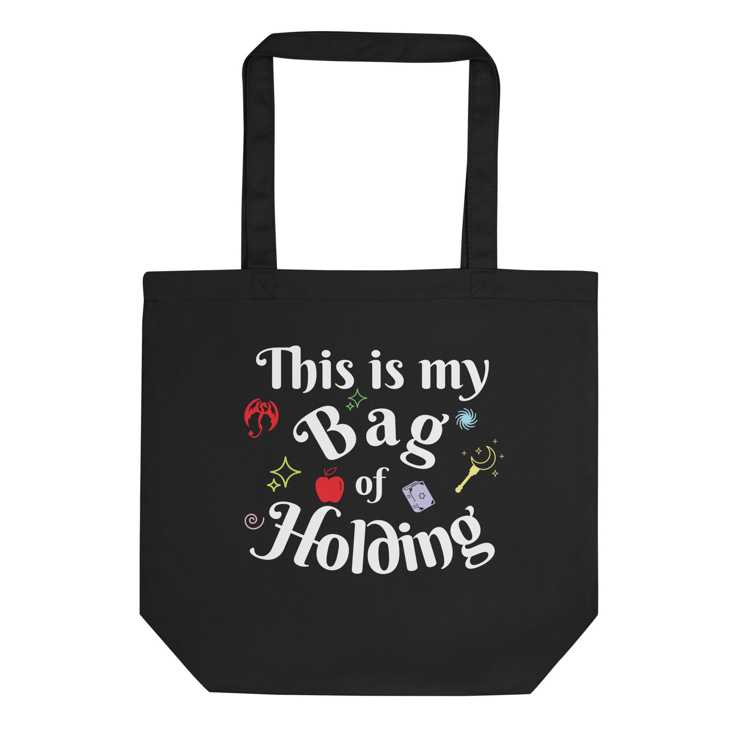 Funny D&D tote bag styled as a 'Bag of Holding' for fantasy lovers and dice haulers.
