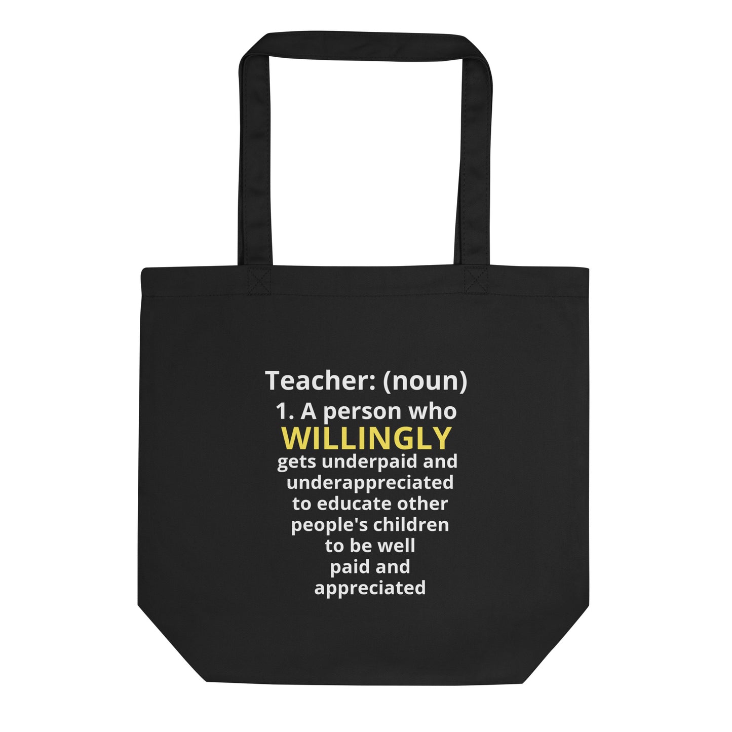 Tote bag with funny teacher definition print, great for educators and classroom survival.