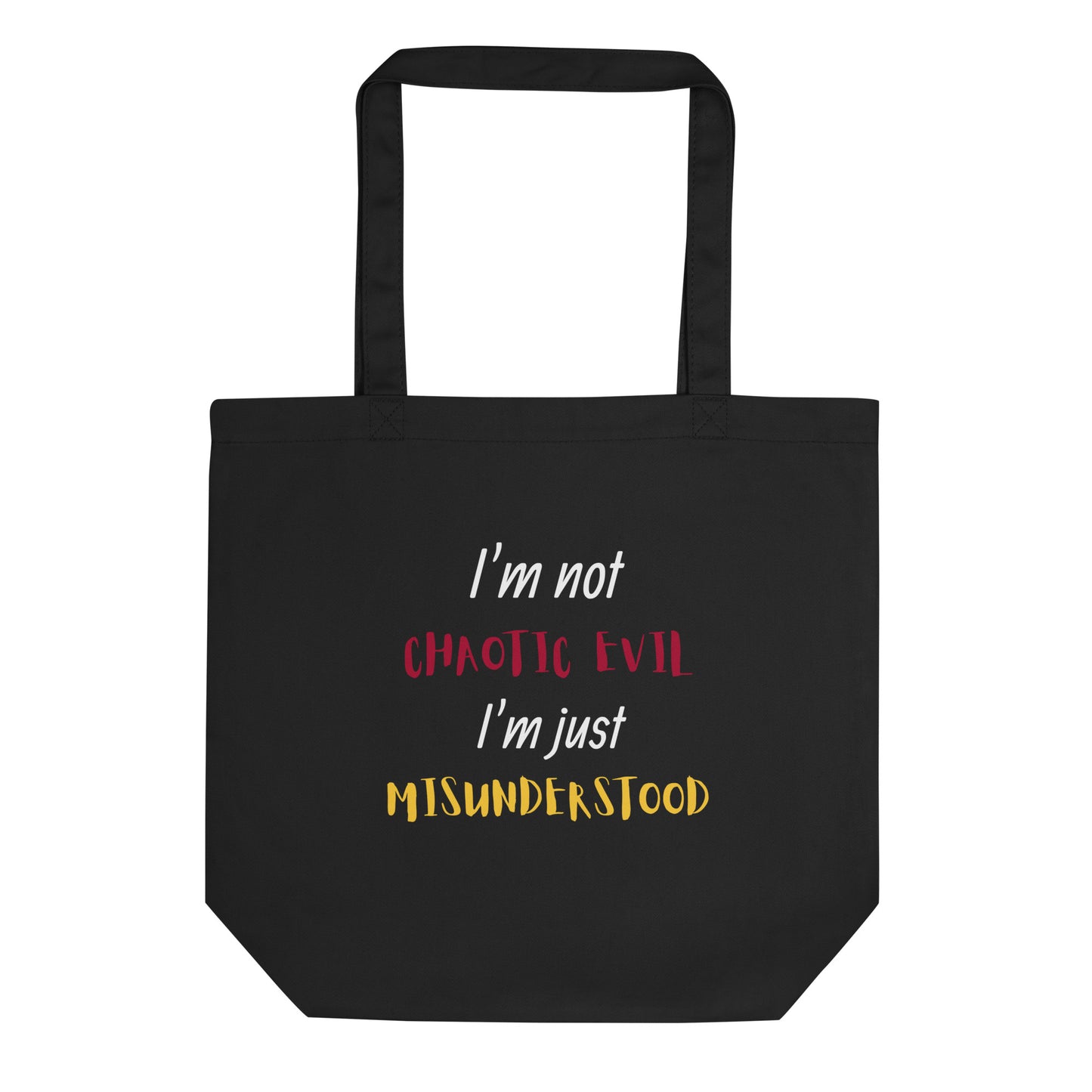 Tote bag with 'Chaotic Evil' alignment humor, perfect for D&D fans who lean into villainy.