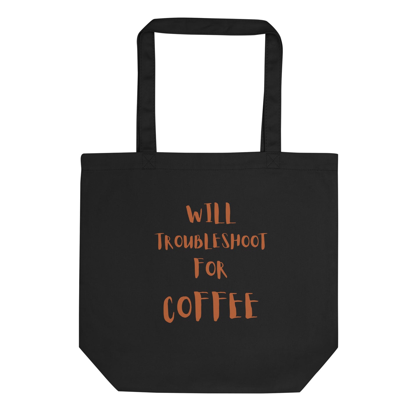 Canvas tote with funny I.T. quote about coffee and fixing things, great for tech staff.