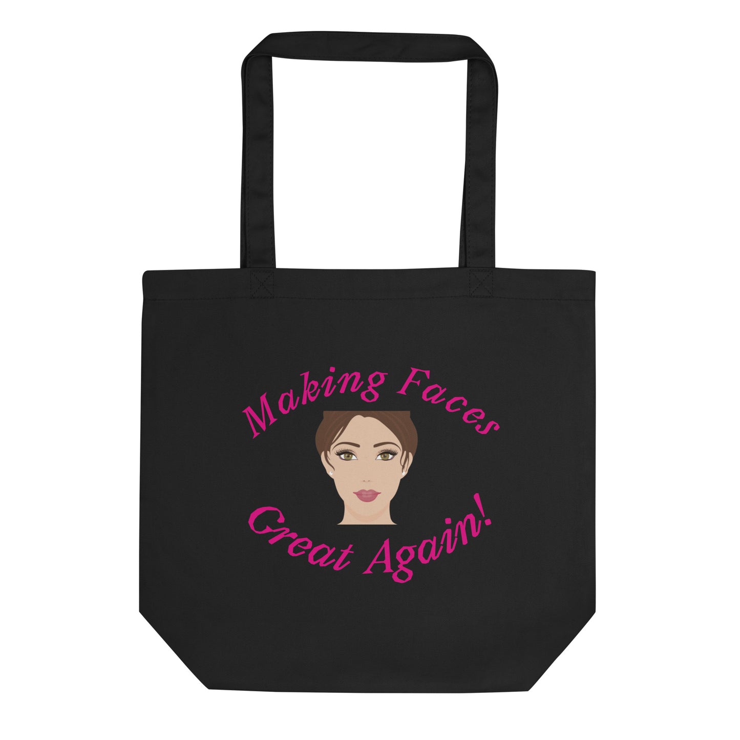 Canvas tote with stylish face artwork for beauty lovers and makeup-on-the-go essentials.
