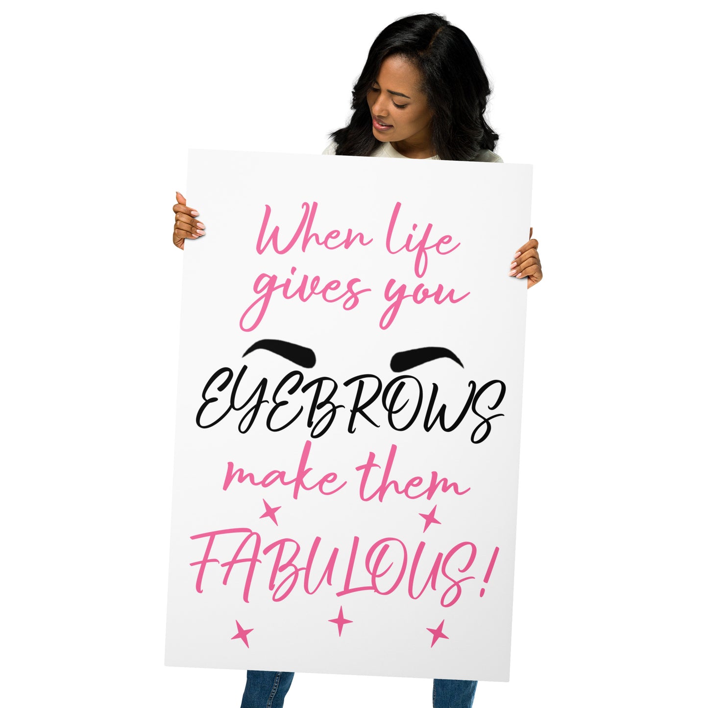 Beauty metal wall art print with glam eyebrow saying, ideal for salons or beauty rooms.