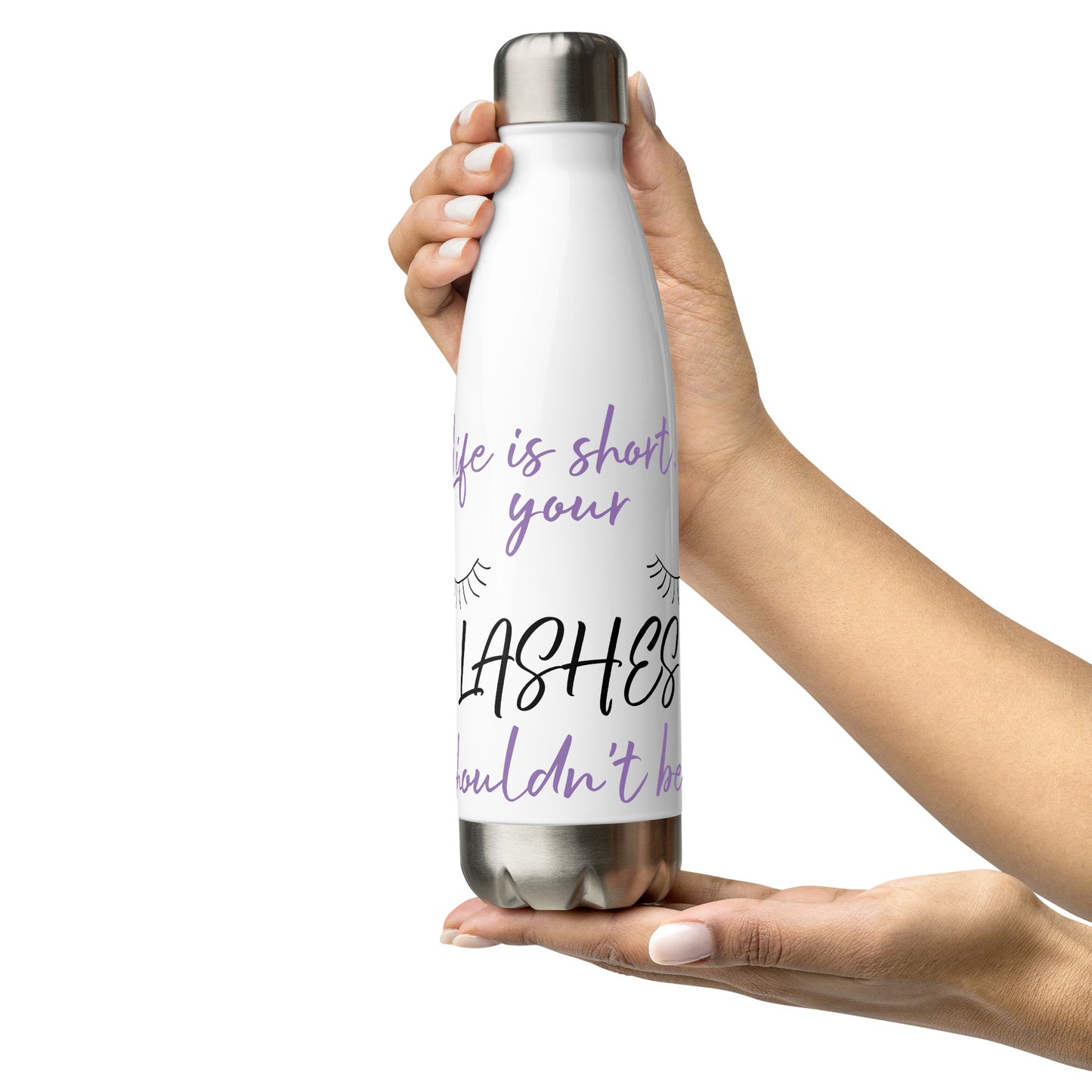 Stainless steel beauty bottle with lash-themed design, ideal for glam hydration on the go.
