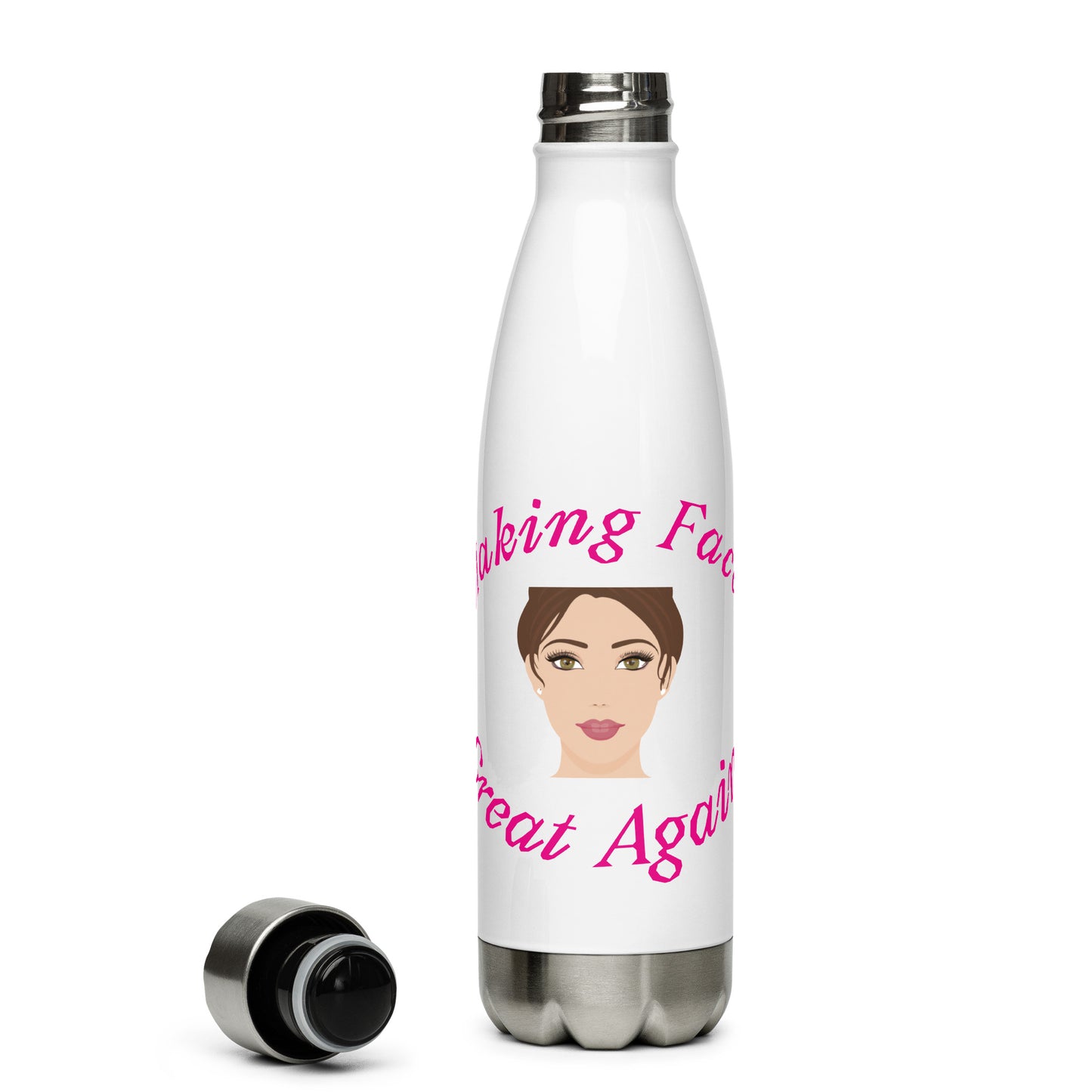 Stainless beauty-themed bottle with stylish face graphic for hydrated makeup lovers.