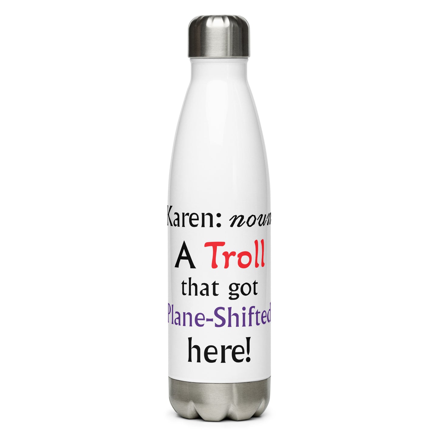 Stainless water bottle with Karen Troll design, great for fantasy drinkware lovers.