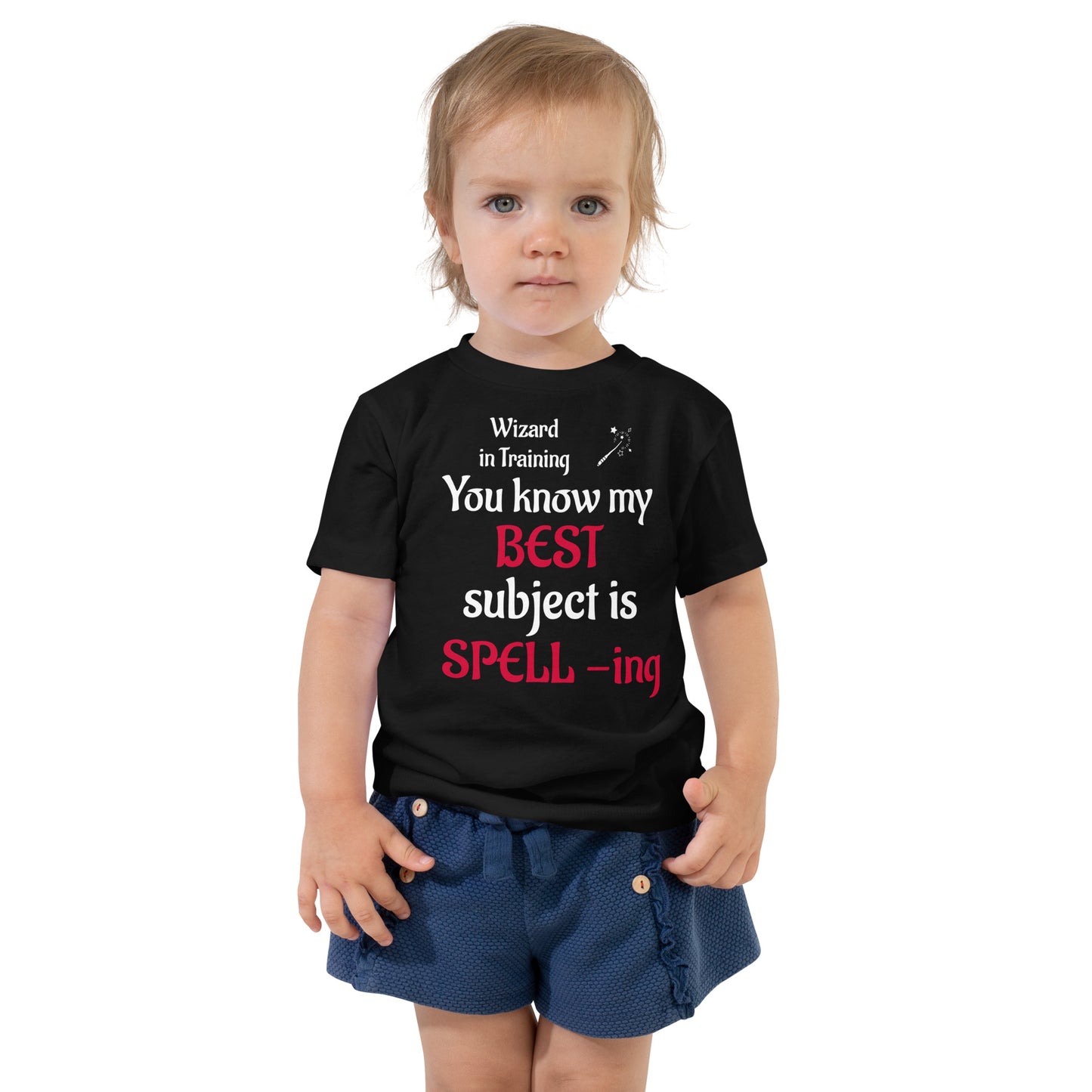 Wizard-themed toddler t-shirt with school subject humor, great for young spellcasters.