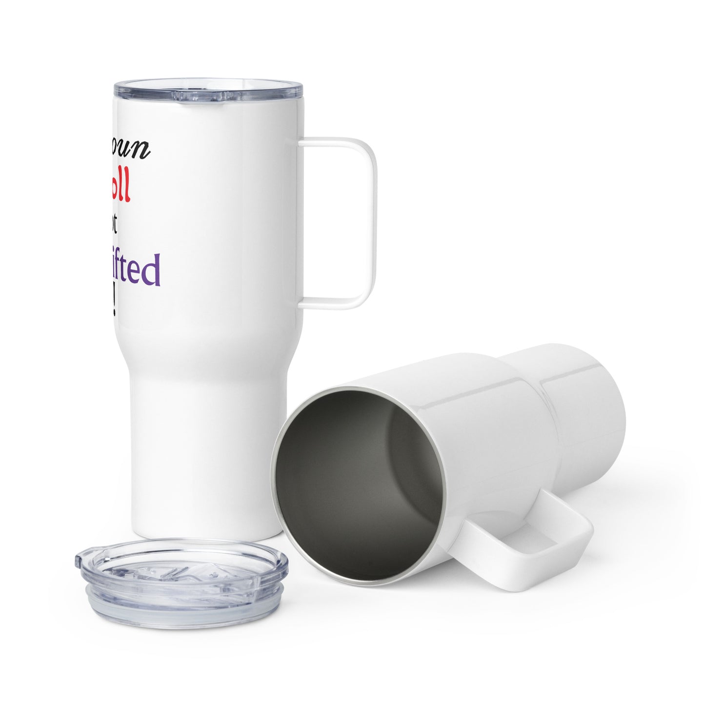 Travel mug with D&D-style Karen Troll humor, ideal for fans of plane-shifted chaos.