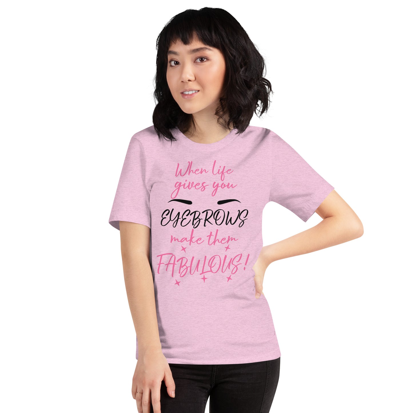 Funny beauty t-shirt with glam eyebrow humor for makeup artists and brow techs.