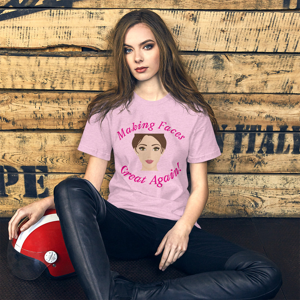 Funny t-shirt with glam beauty face print for professionals and fashion-forward creatives.