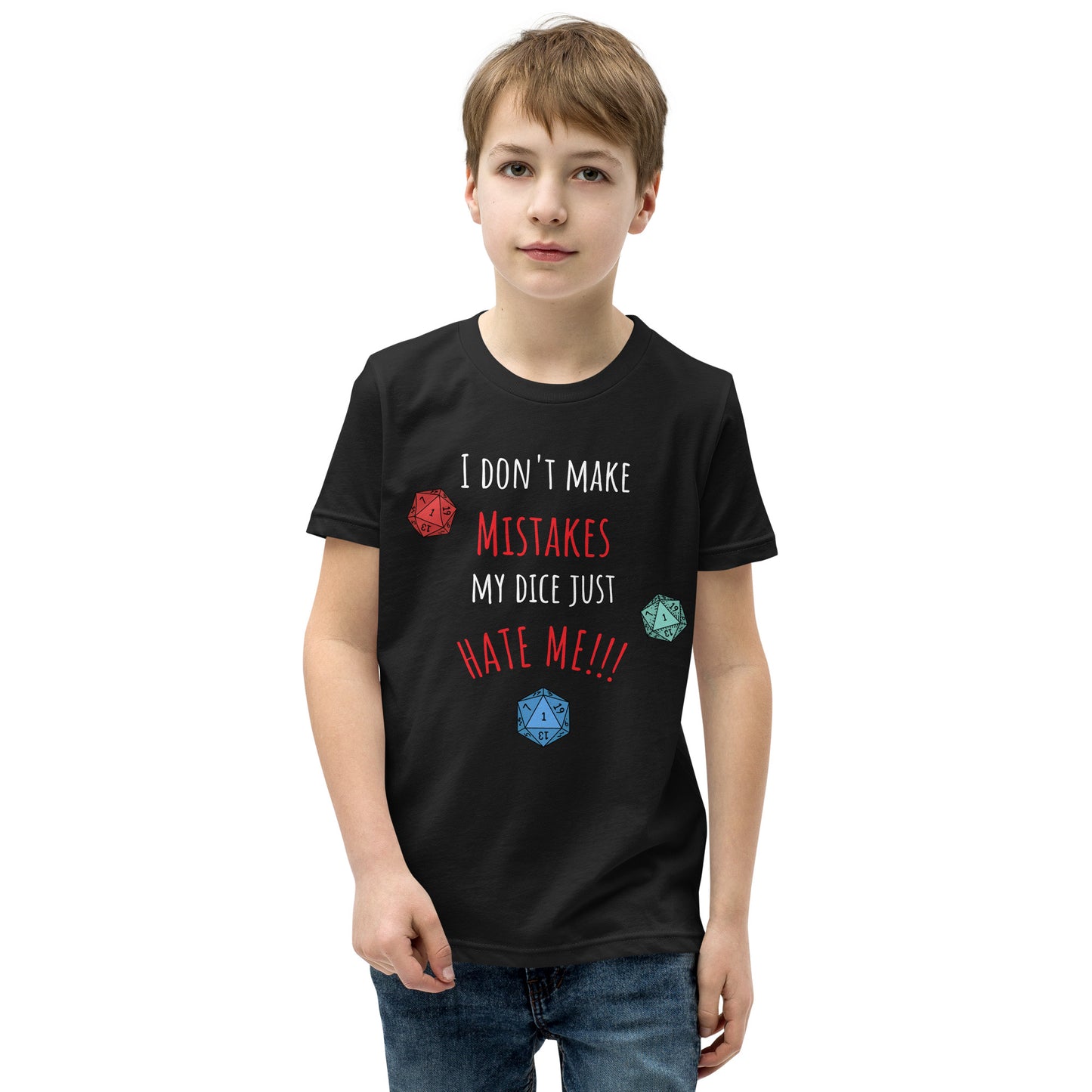 Funny D&D t-shirt for kids with dice blame quote, perfect for young tabletop gamers.