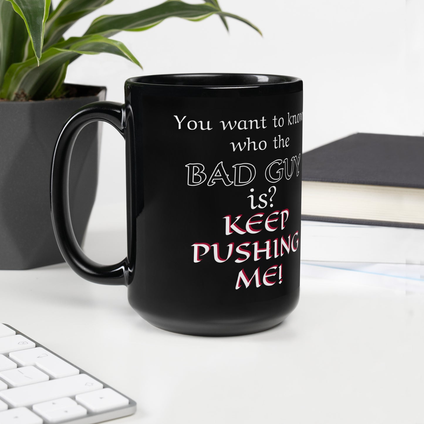 Black ceramic mug with 'Bad Guy' D&D quote, ideal for dungeon masters or villain fans.
