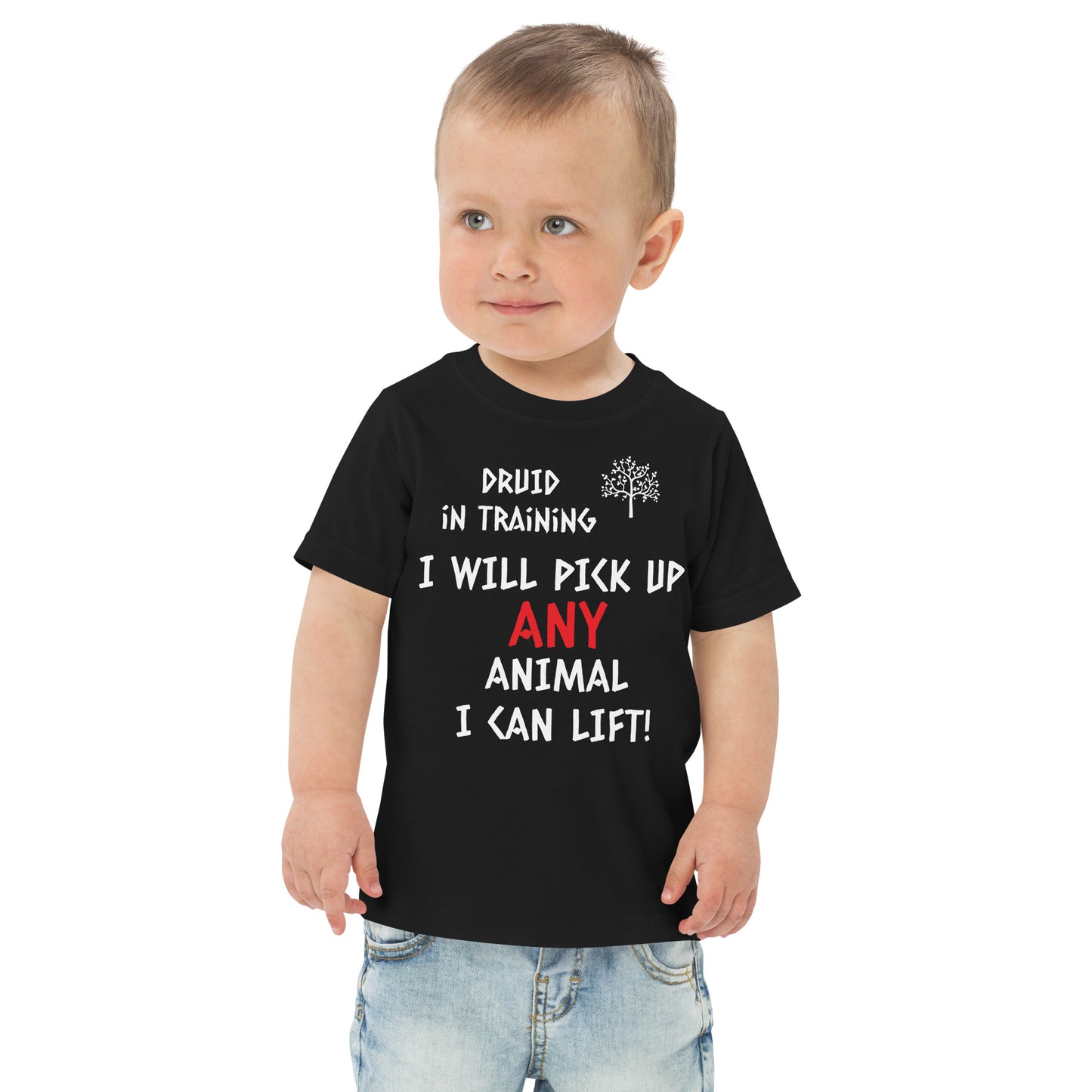 Toddler druid t-shirt with nature-loving quote, perfect for little tree huggers.