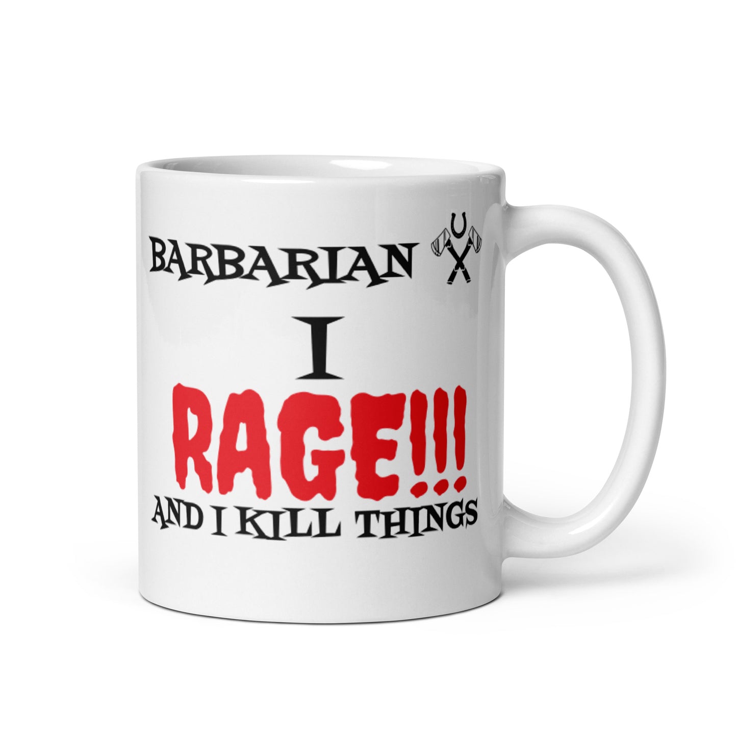 White ceramic mug with barbarian class humor, perfect for fantasy fans who love coffee.