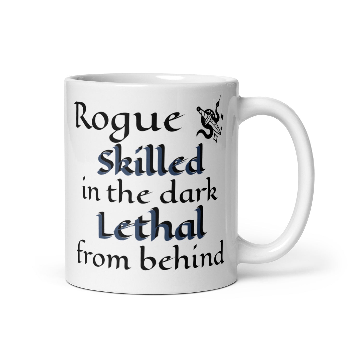 White rogue mug with backstab joke, ideal for fantasy gamers and rogues.