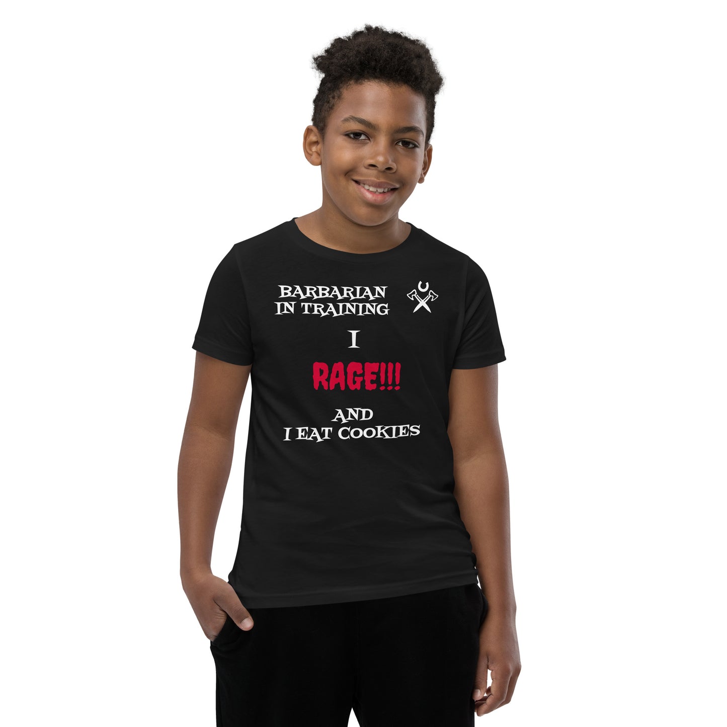 Kids t-shirt with D&D Barbarian in Training quote, great for young adventurers-in-training.