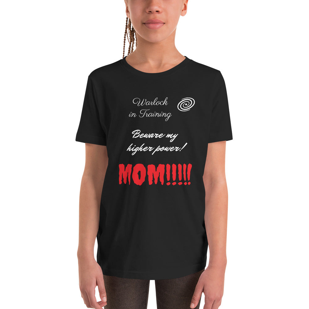 D&D warlock t-shirt for kids with humorous pact magic design.
