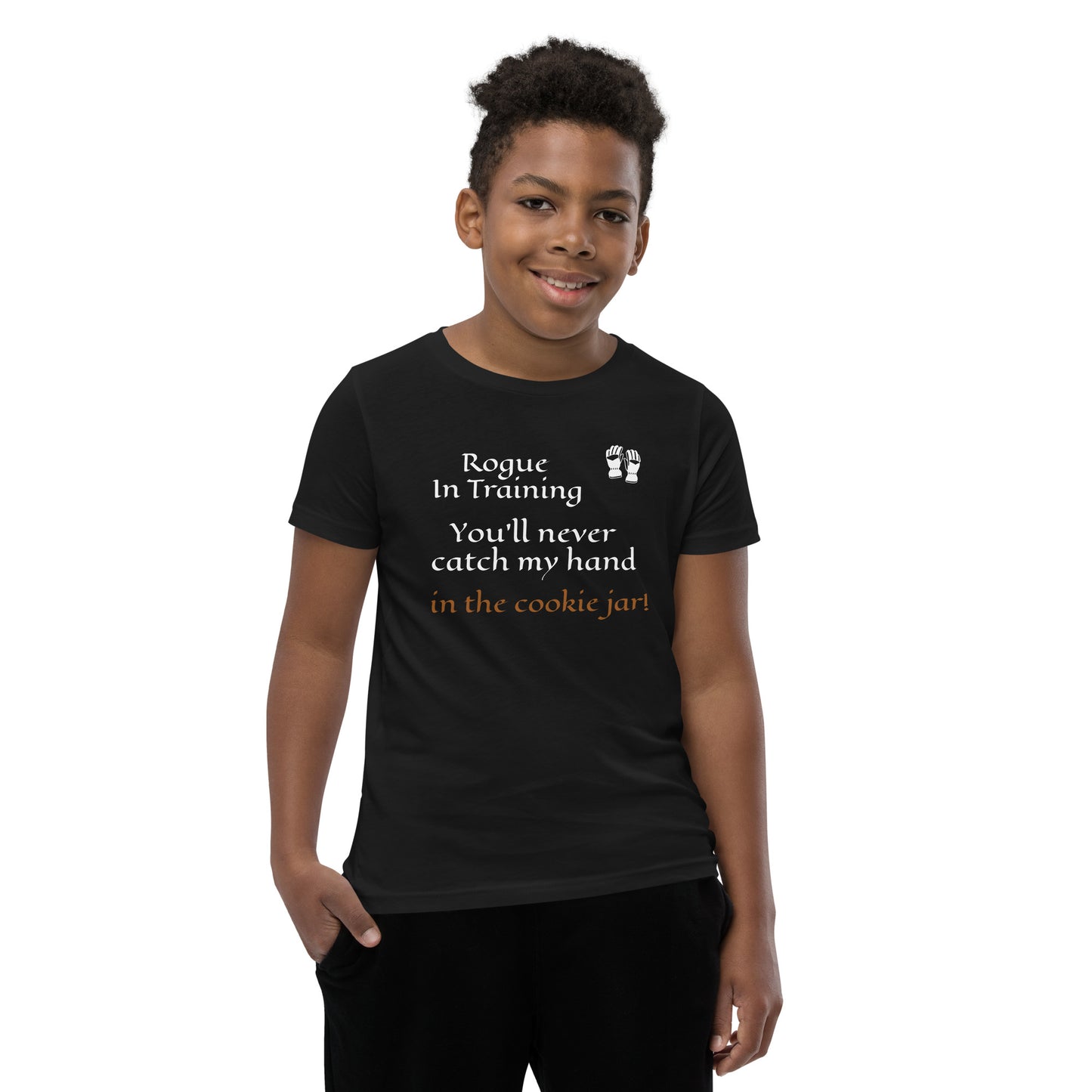 D&D rogue-themed t-shirt for clever kids who love stealth and mischief.